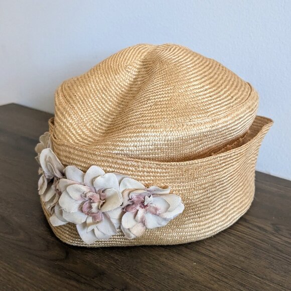 vintage hoodlums straw woven hat floral flower 1960s 1970s pillbox lace - Picture 2 of 6